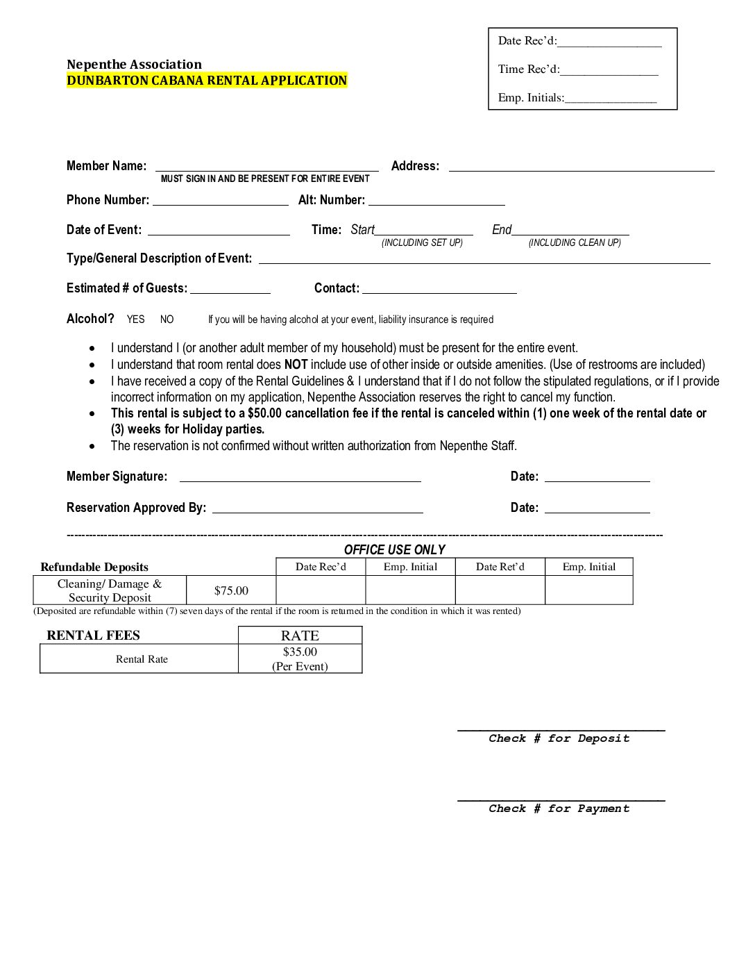 Cabana Rental Application