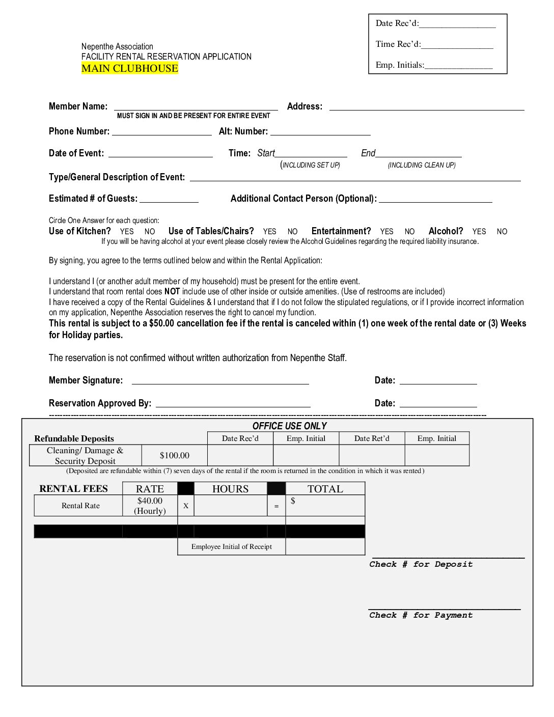 Clubhouse Rental Application