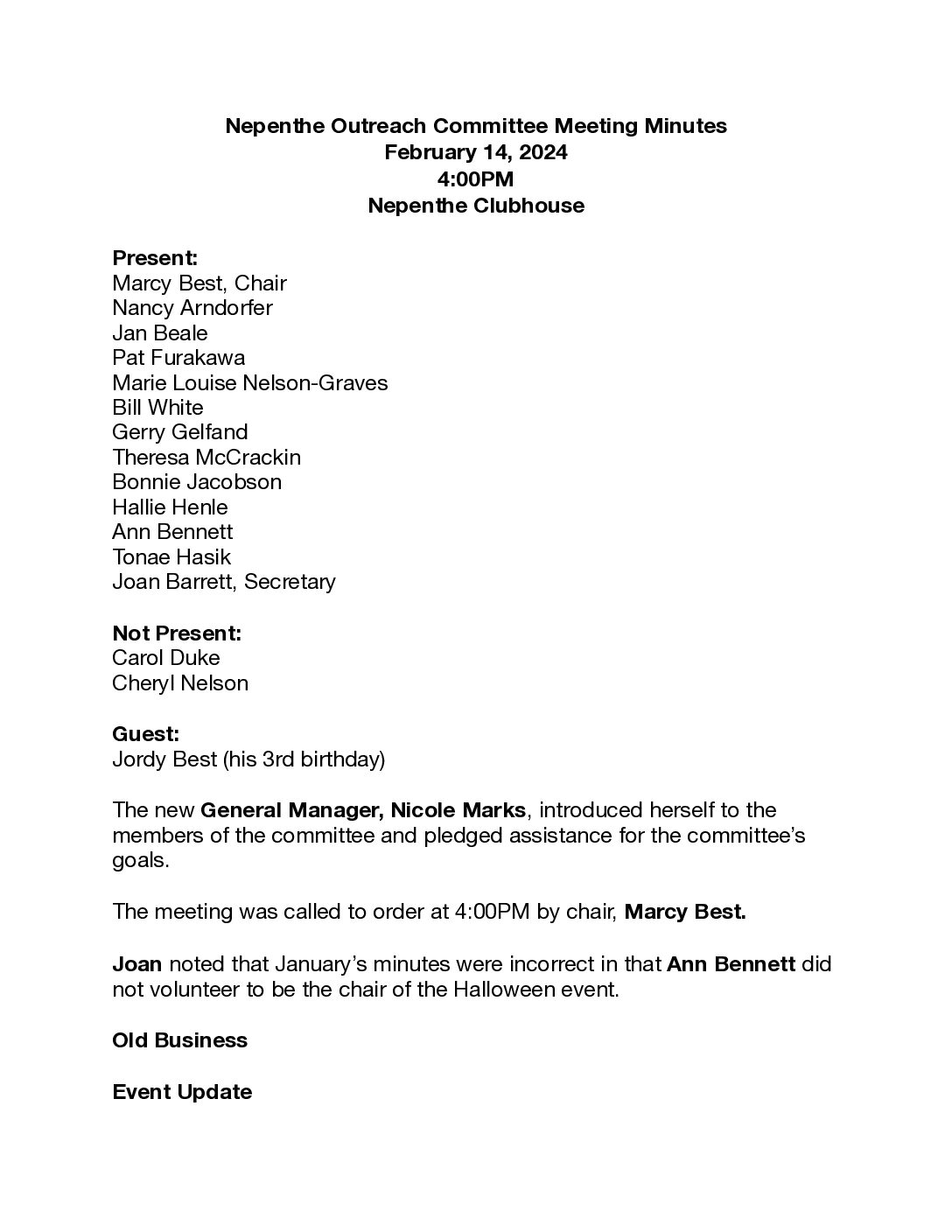 Outreach Committee Minutes – February 2024