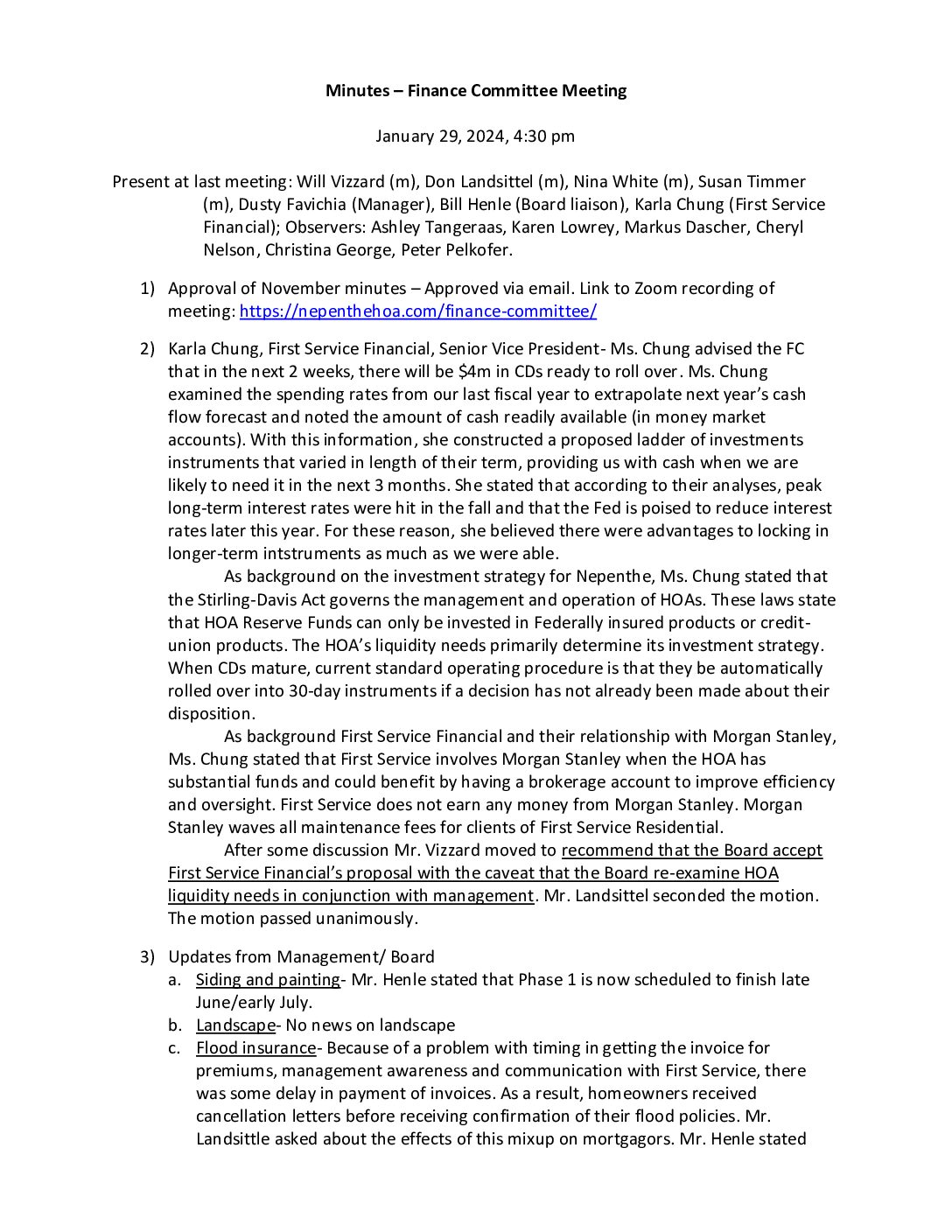 Finance Committee Minutes – January 2024