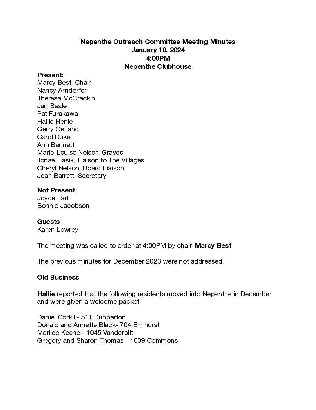 Outreach Committee Minutes – January 2024