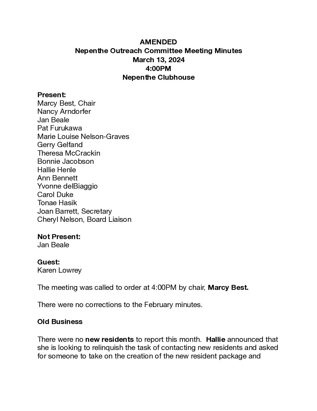 Outreach Committee Minutes – March 2024