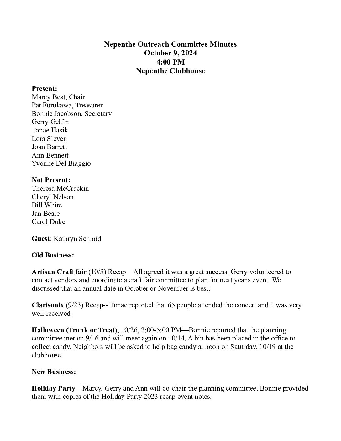 Outreach Committee Minutes – October 2024