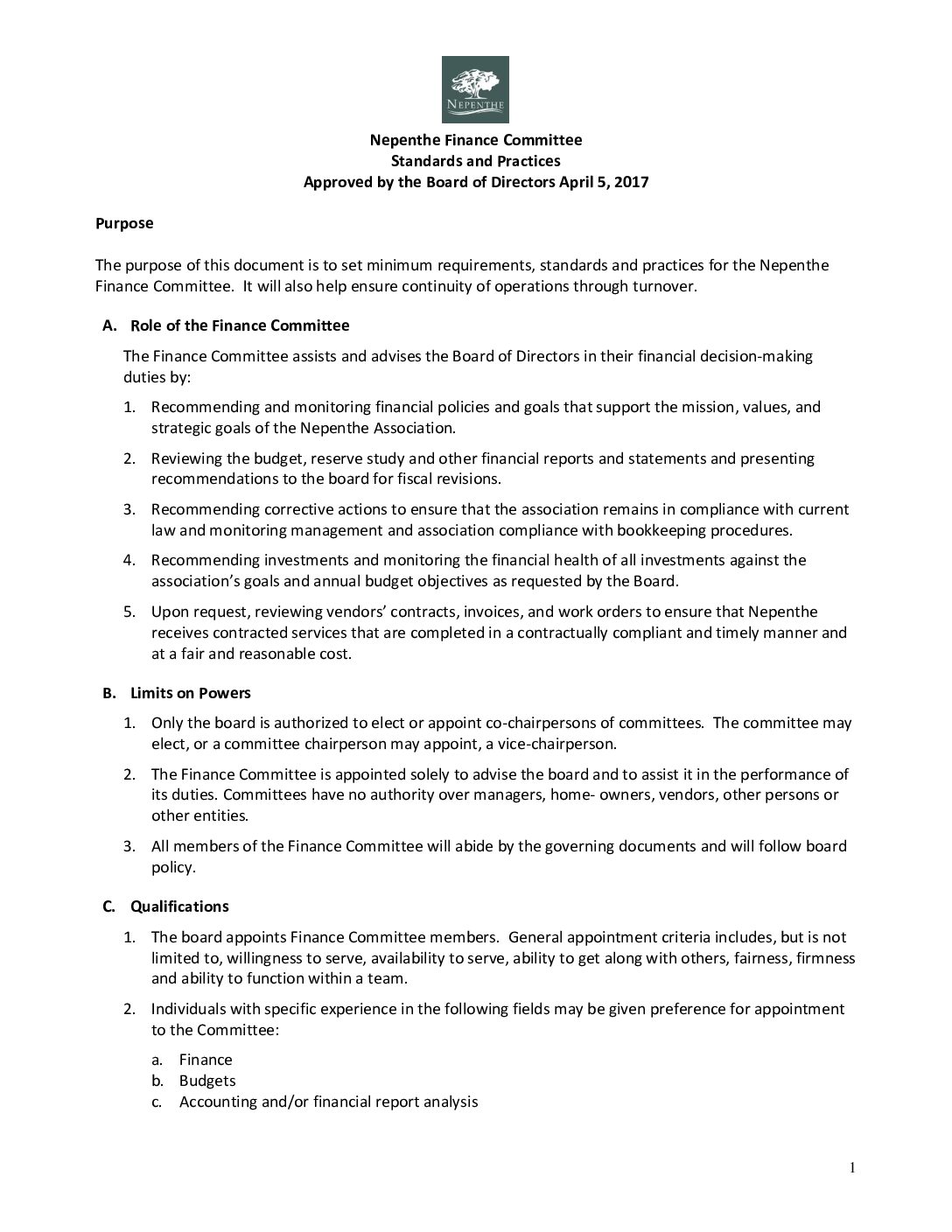 Standards & Practices – Finance Committee