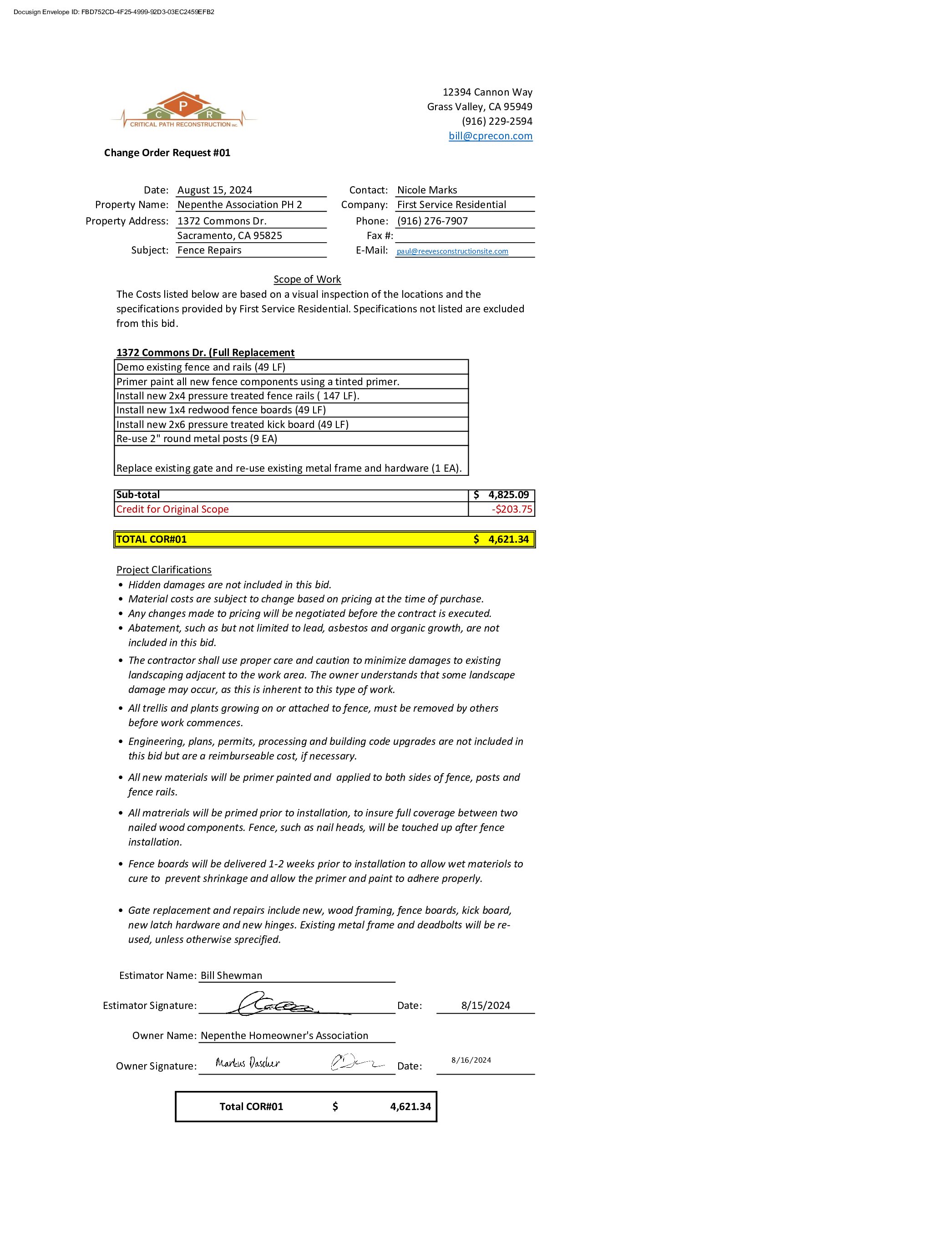 CPR – Phase 2 Change Order – #1
