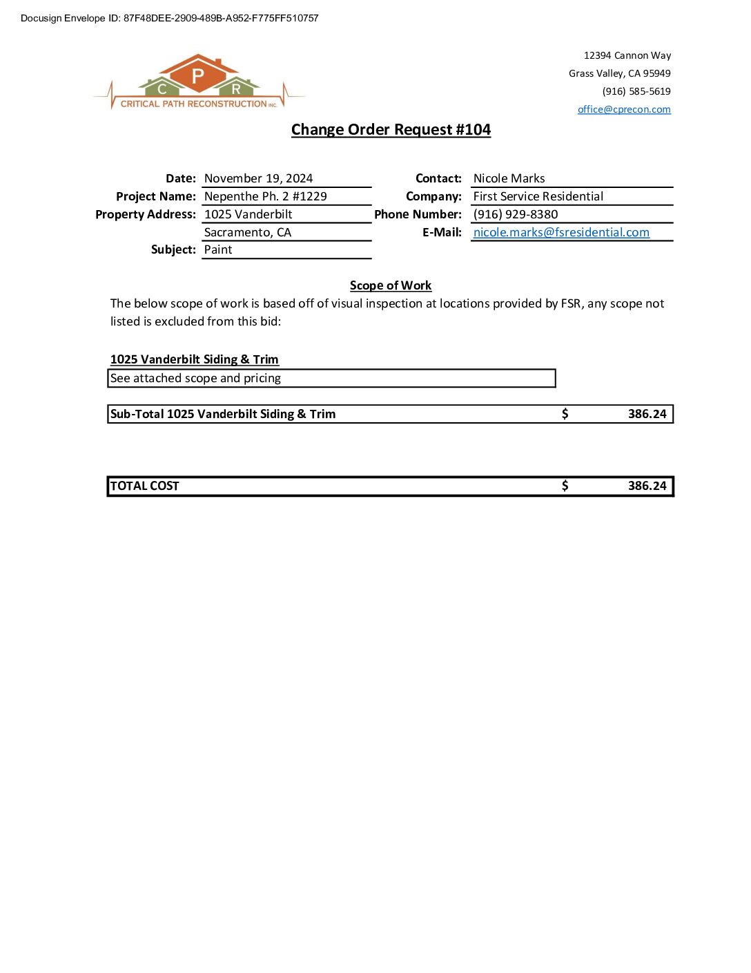 CPR – Phase 2 Change Order – #104