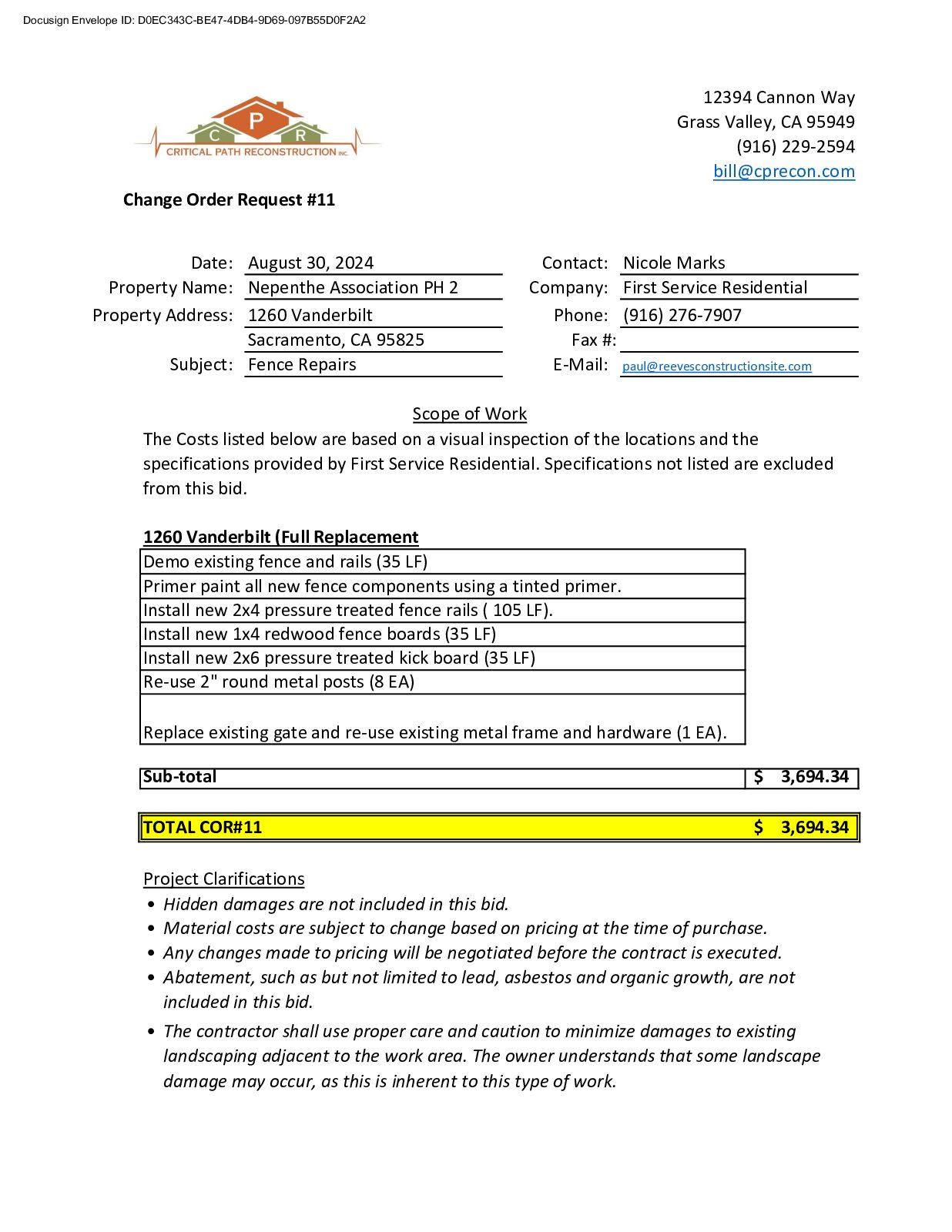 CPR – Phase 2 Change Order – #11