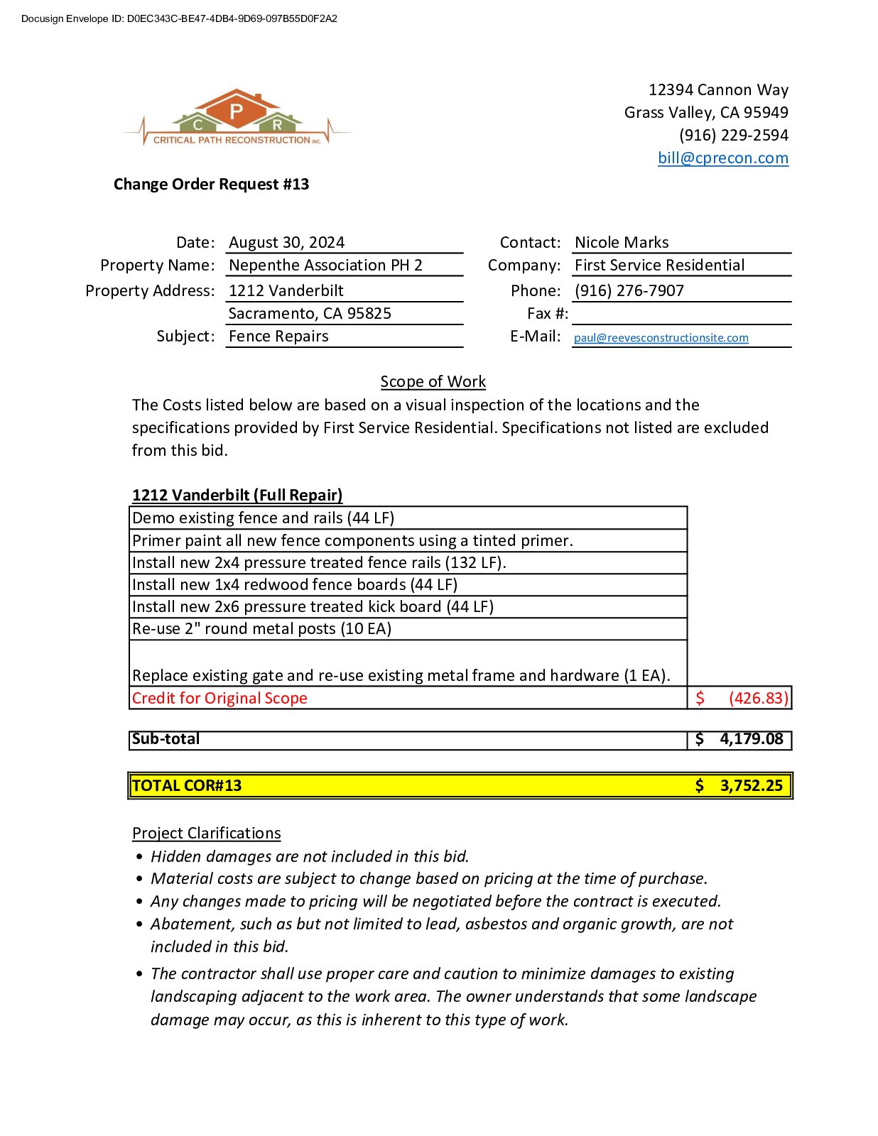 CPR – Phase 2 Change Order – #13
