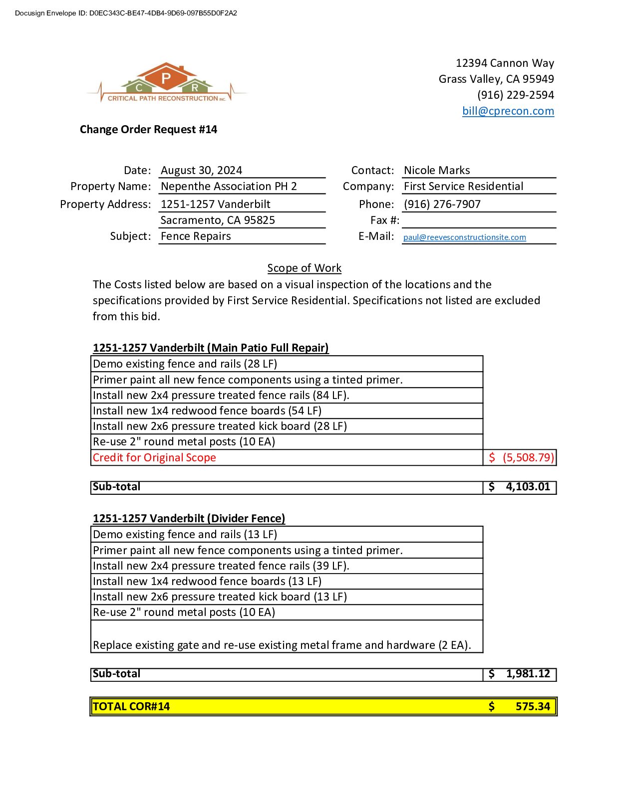 CPR – Phase 2 Change Order – #14