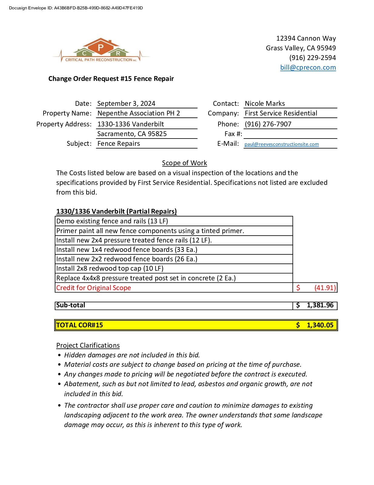 CPR – Phase 2 Change Order – #15