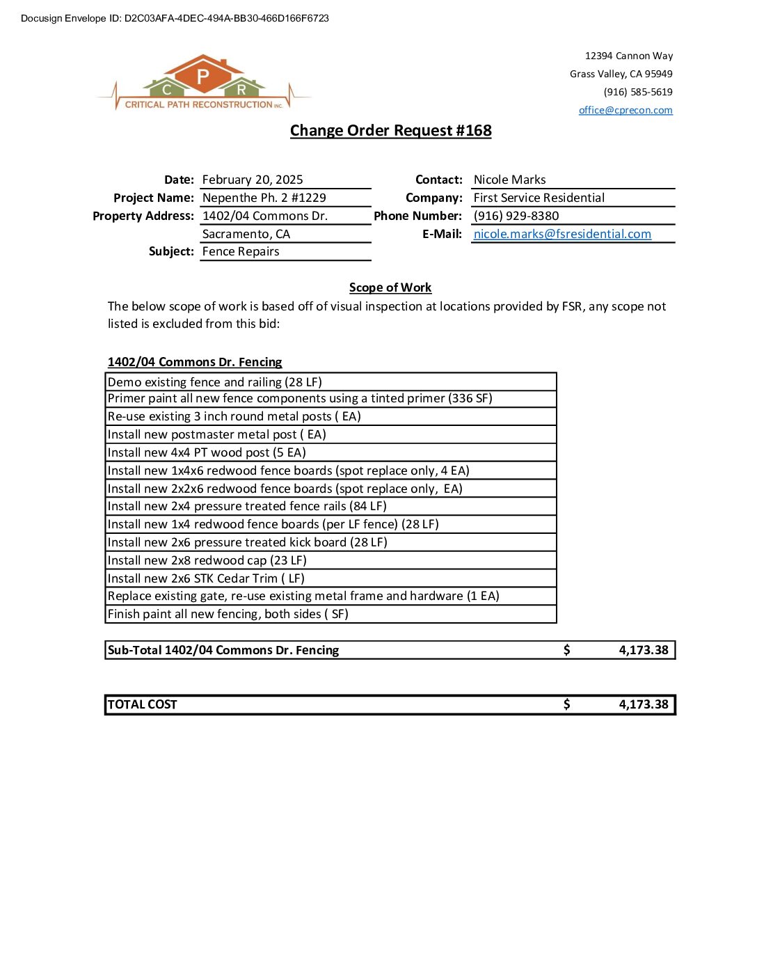 CPR – Phase 2 Change Order – #168