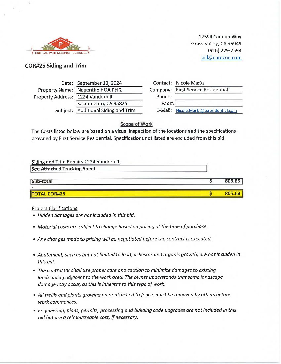 CPR – Phase 2 Change Order – #25
