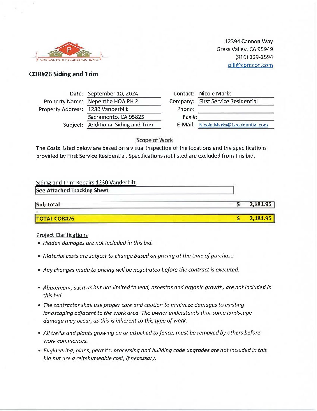 CPR – Phase 2 Change Order – #26