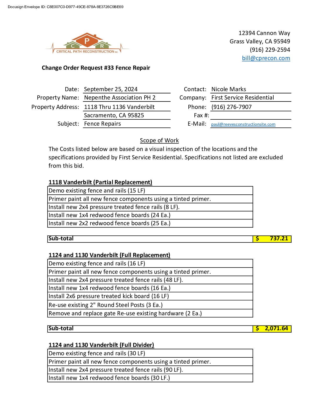 CPR – Phase 2 Change Order – #33