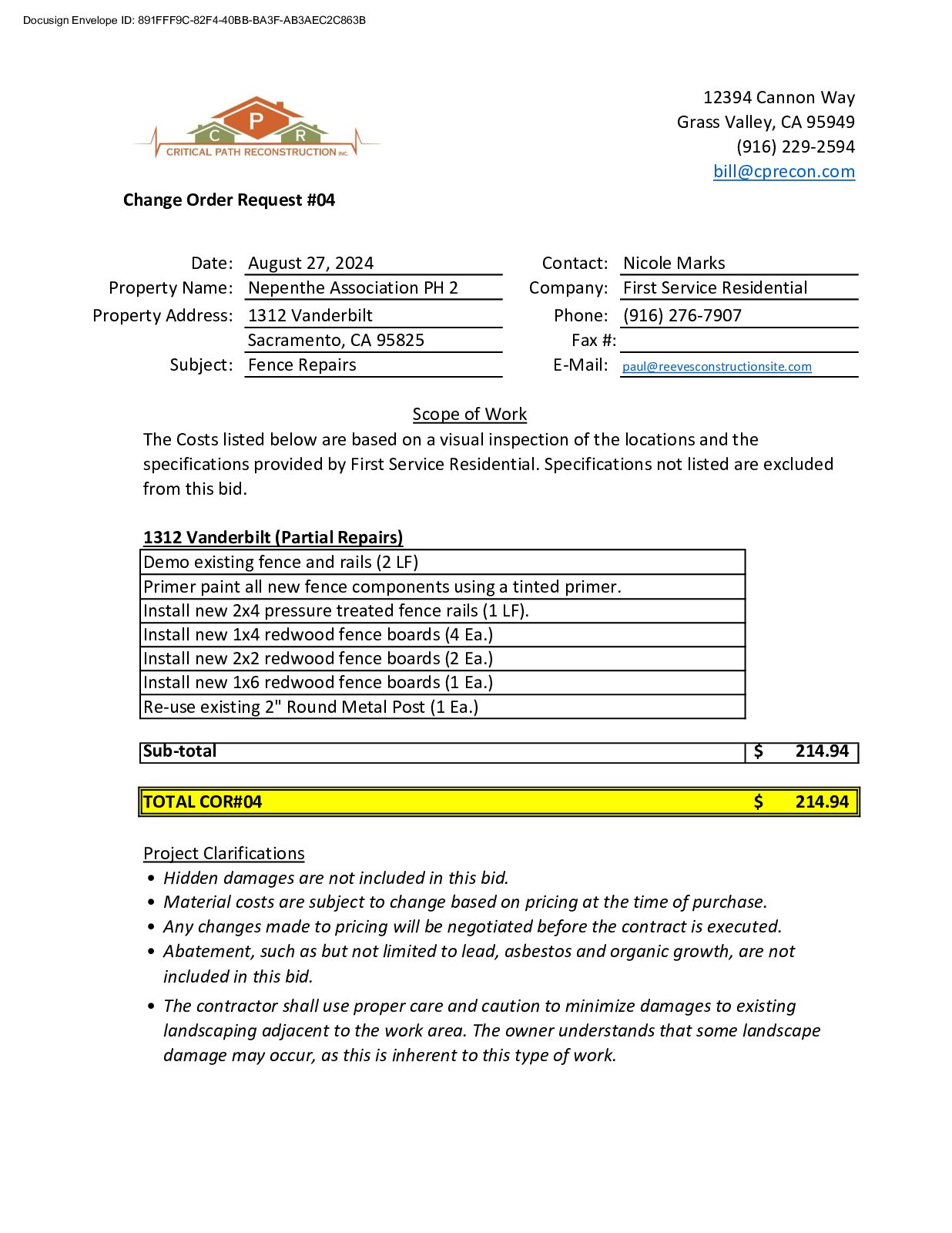 CPR – Phase 2 Change Order – #4