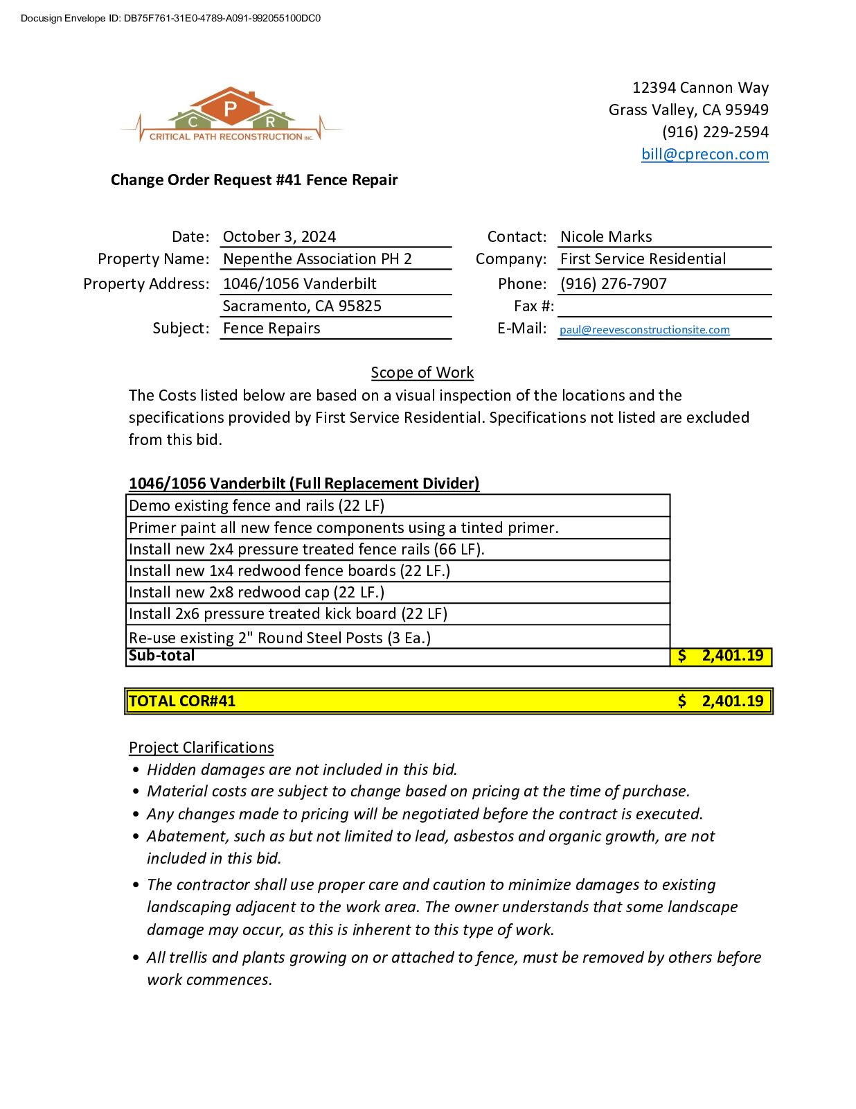 CPR – Phase 2 Change Order – #41
