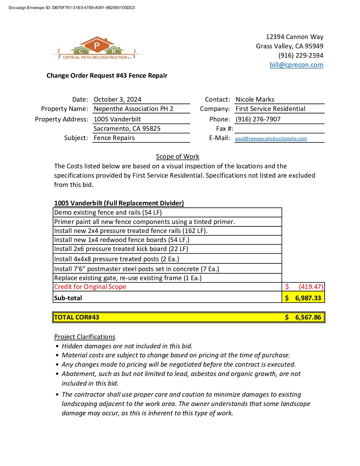 CPR – Phase 2 Change Order – #43