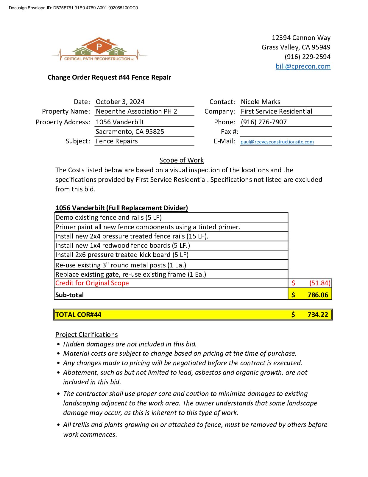 CPR – Phase 2 Change Order – #44