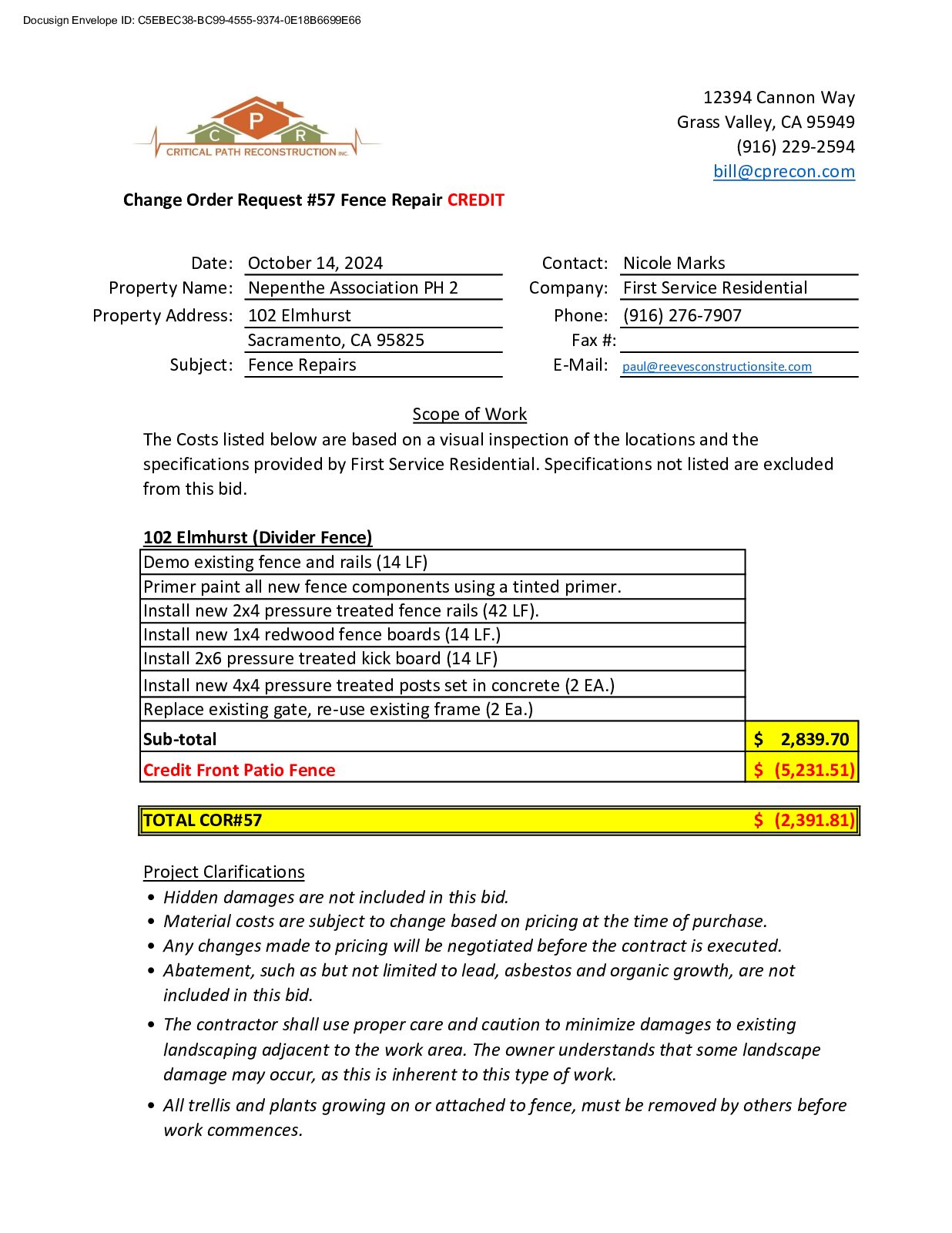 CPR – Phase 2 Change Order – #57
