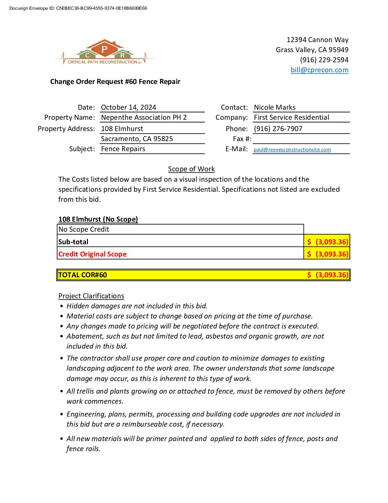 CPR – Phase 2 Change Order – #60