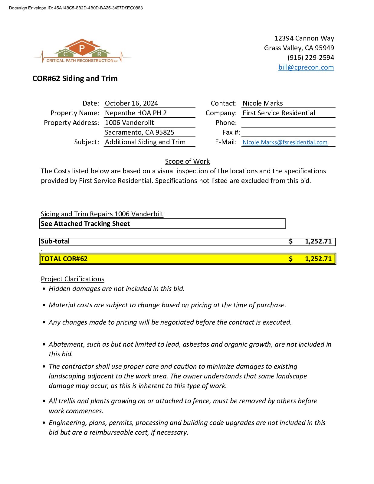 CPR – Phase 2 Change Order – #62