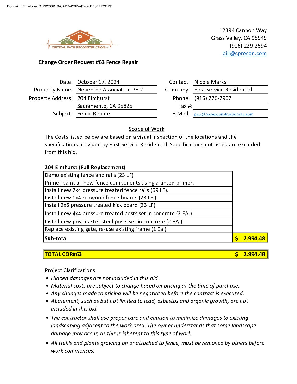 CPR – Phase 2 Change Order – #63