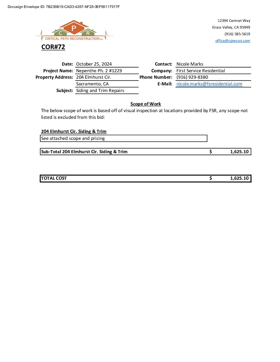 CPR – Phase 2 Change Order – #72