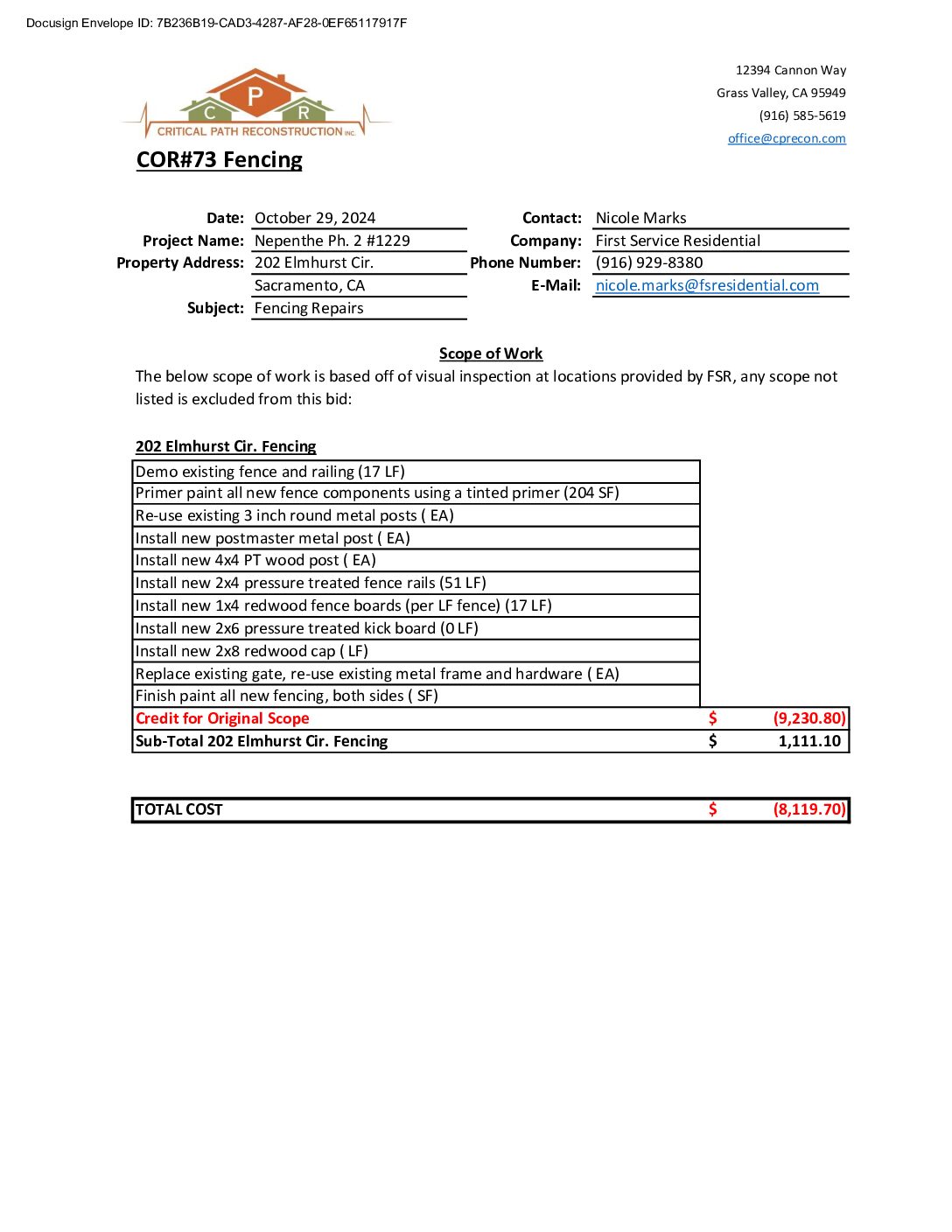 CPR – Phase 2 Change Order – #73