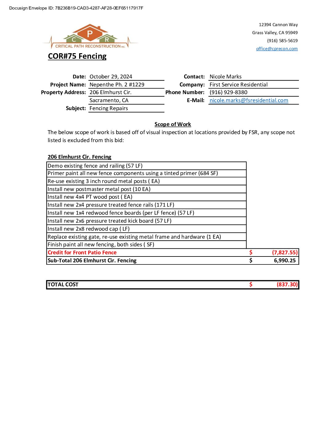 CPR – Phase 2 Change Order – #75