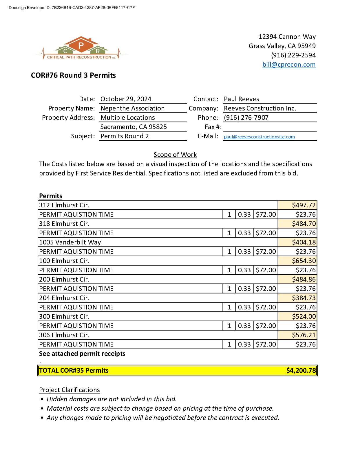 CPR – Phase 2 Change Order – #76