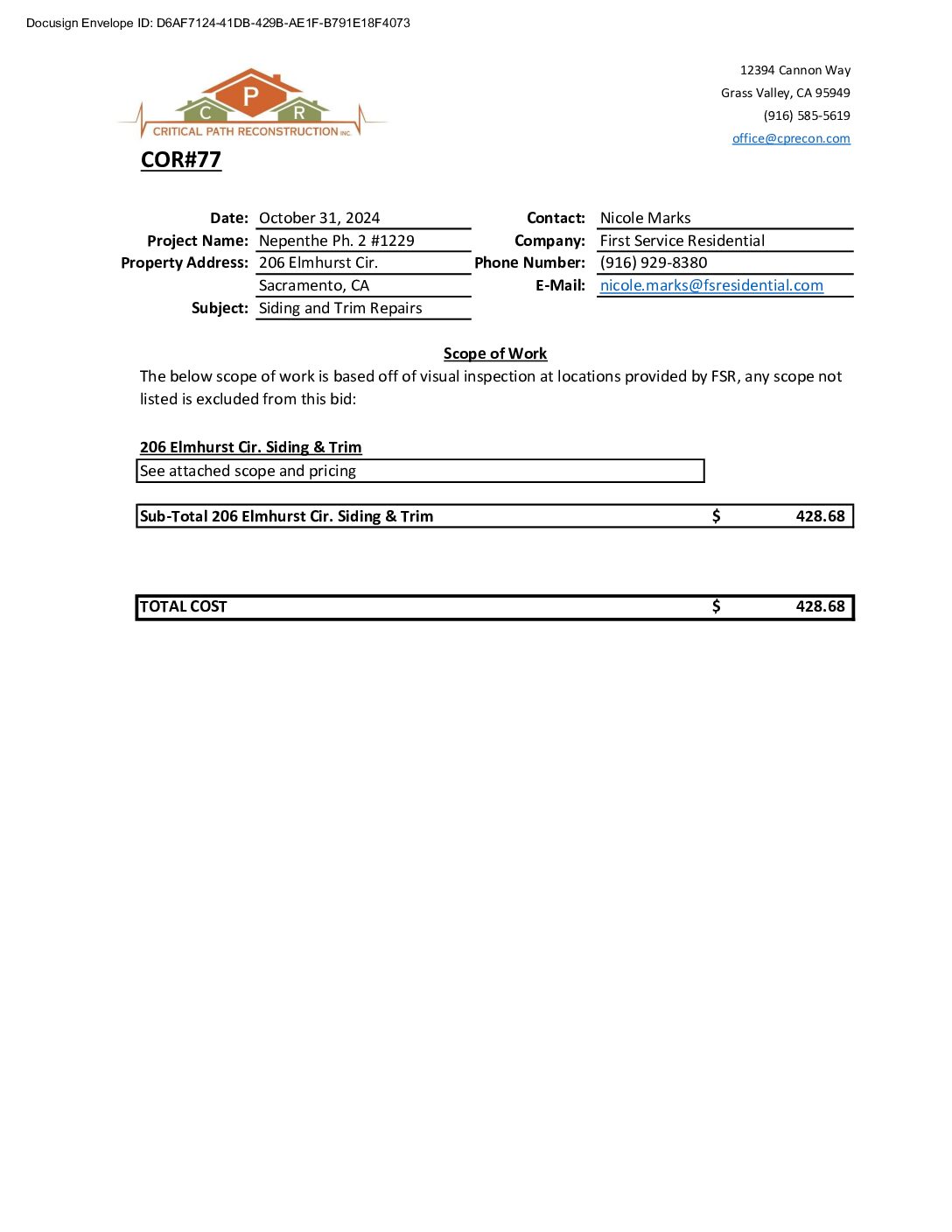 CPR – Phase 2 Change Order – #77