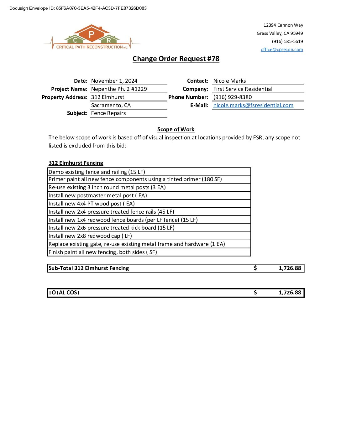 CPR – Phase 2 Change Order – #78