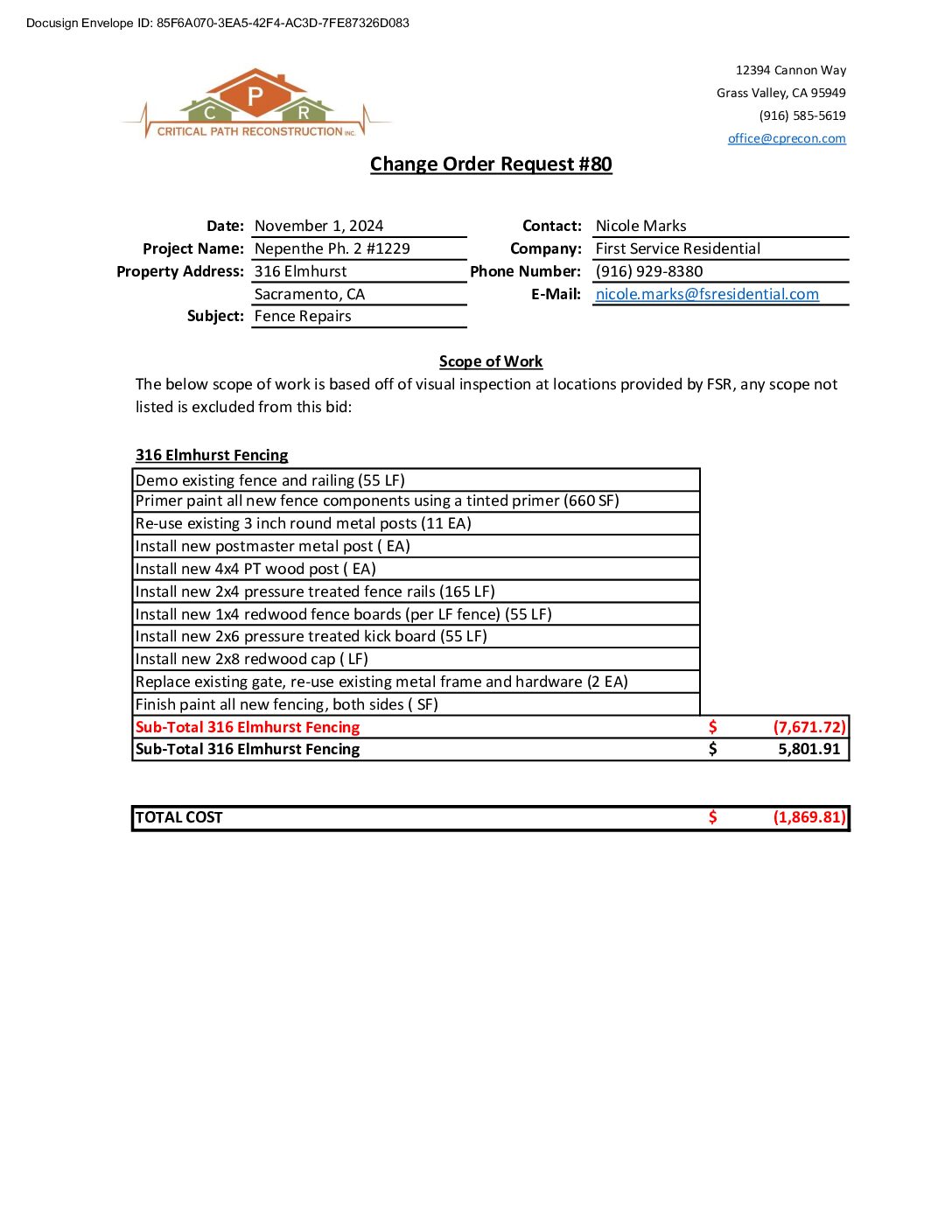 CPR – Phase 2 Change Order – #80