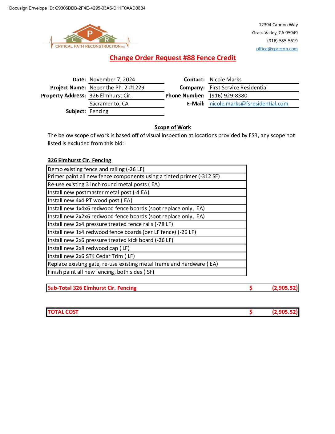 CPR – Phase 2 Change Order – #88