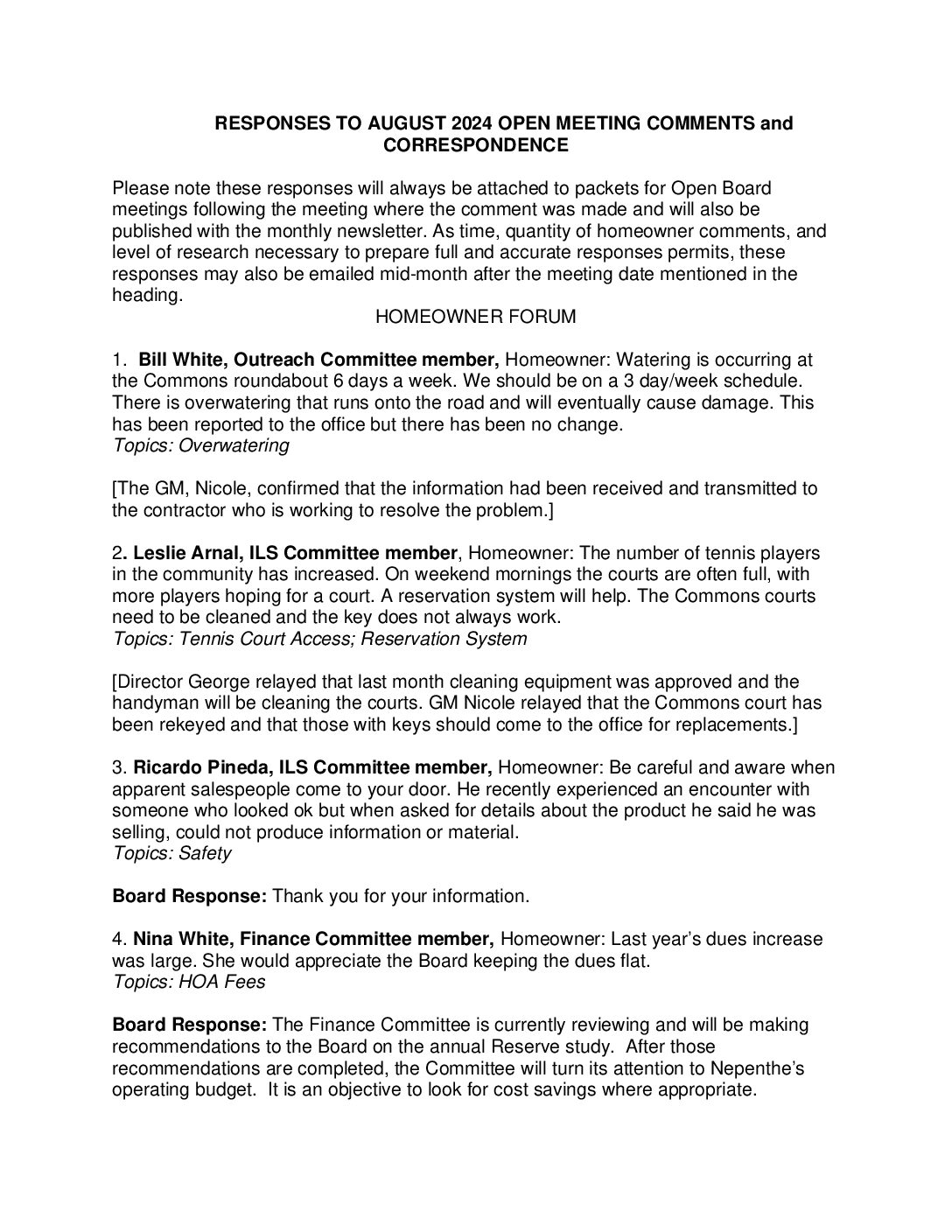 Homeowner Responses – August 2024