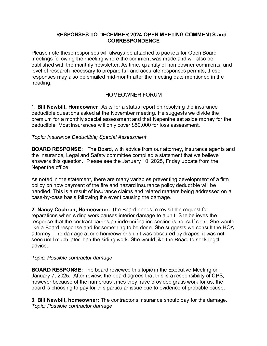 Homeowner Responses – December 2024