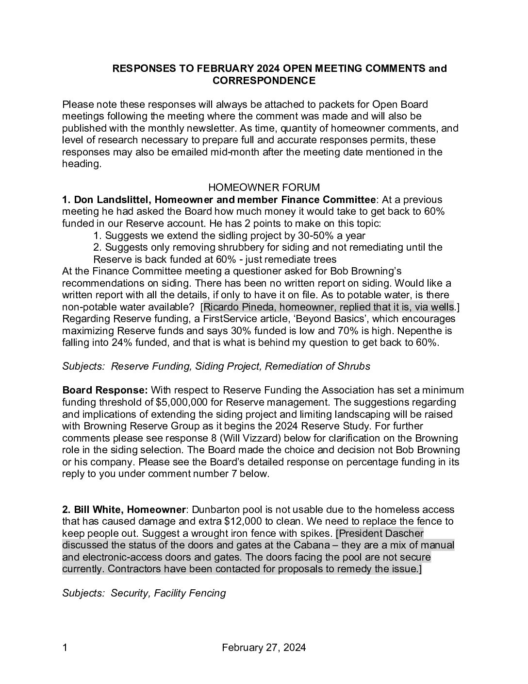 Homeowner Responses – February 2024