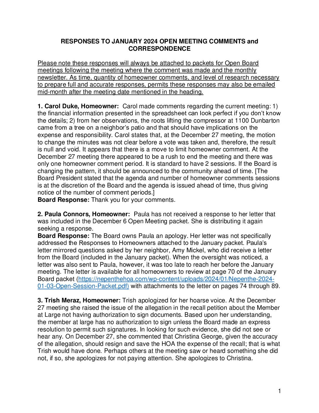 Homeowner Responses – January 2024