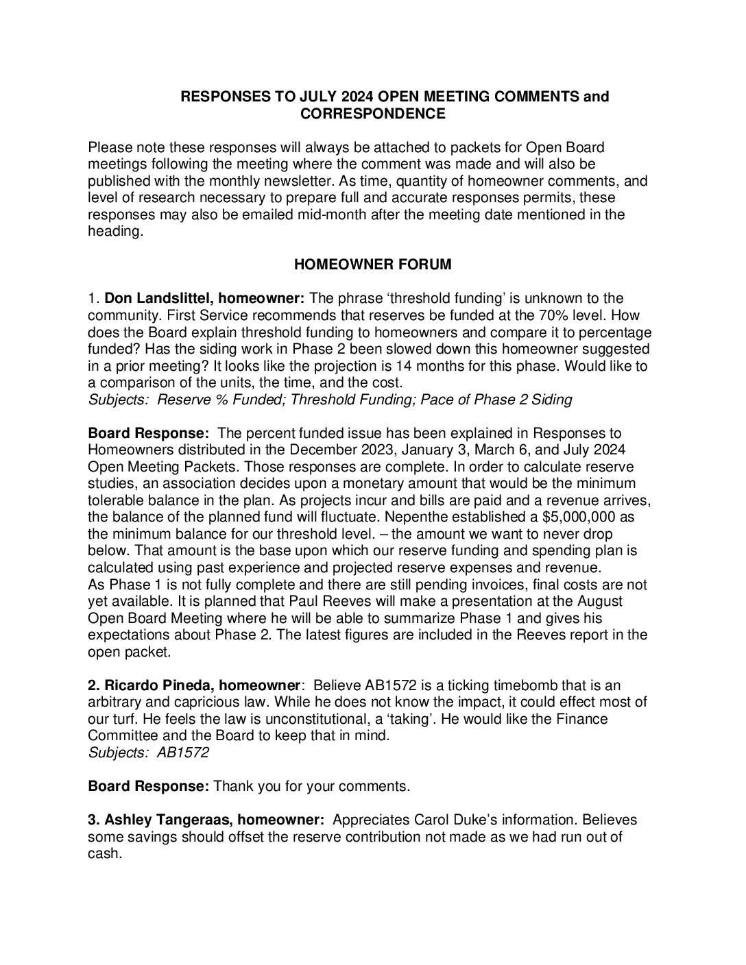 Homeowner Responses – July 2024