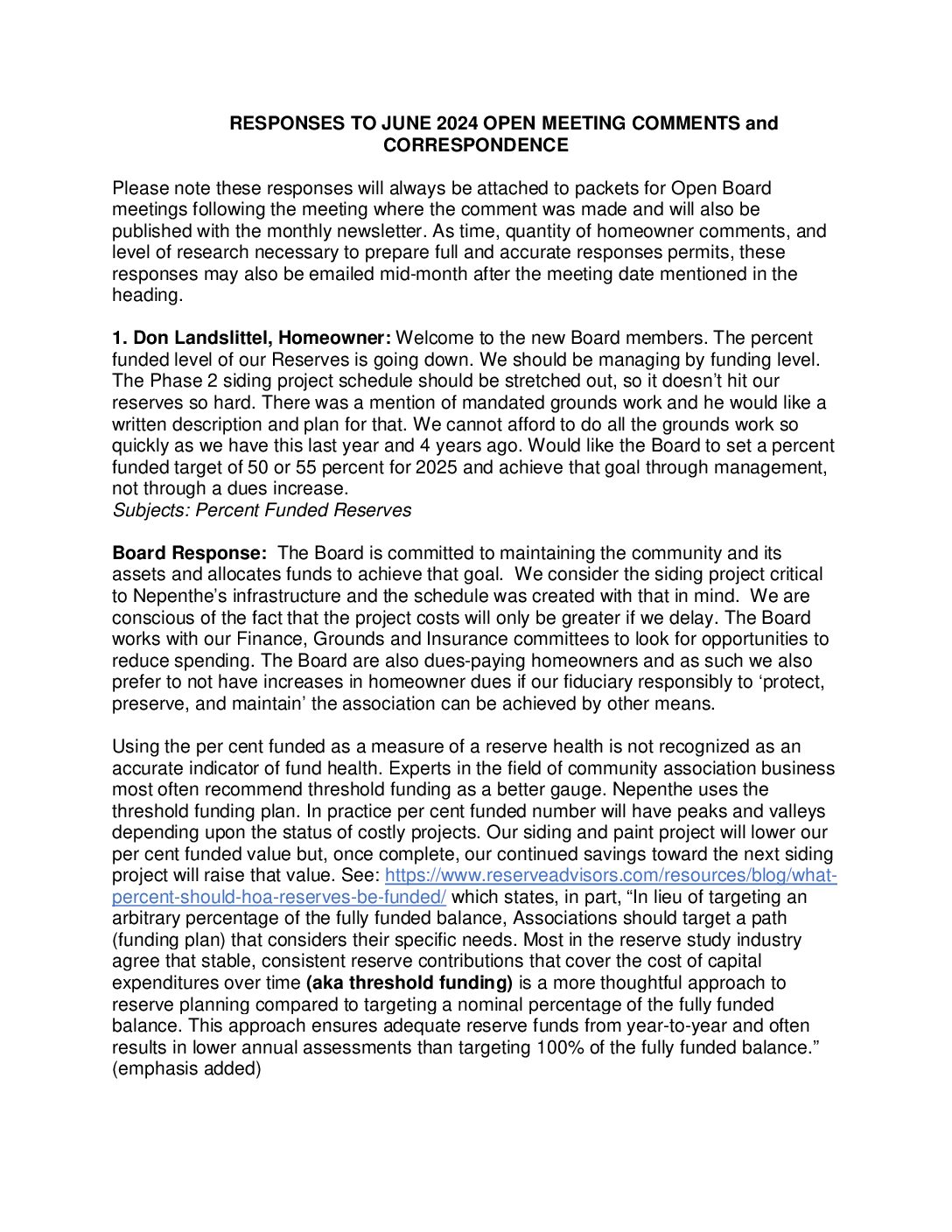 Homeowner Responses – June 2024