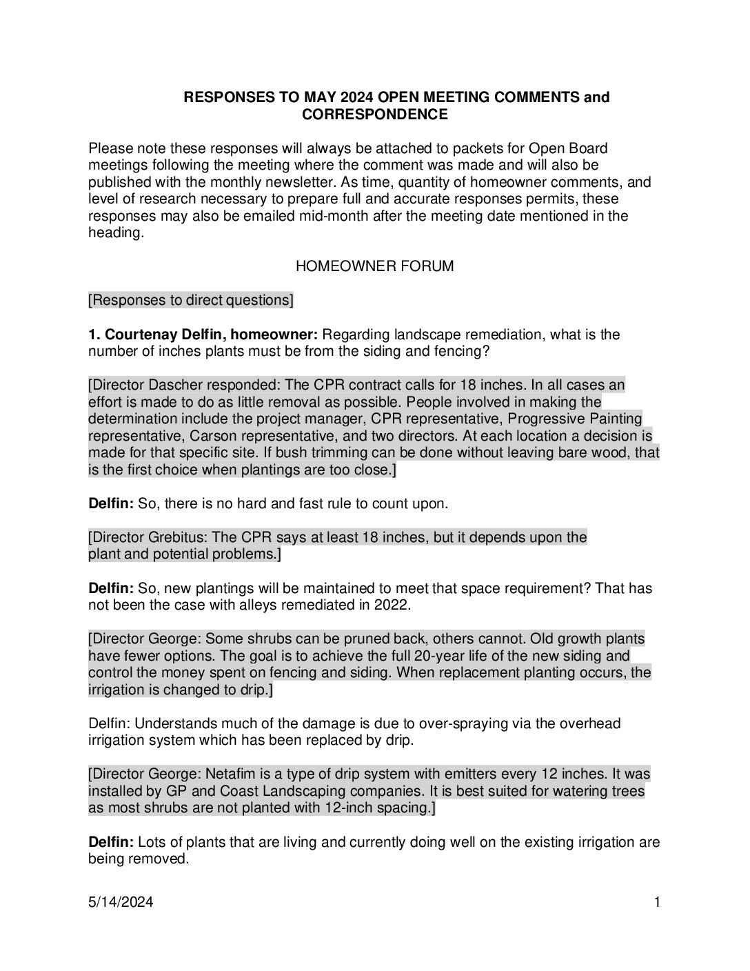 Homeowner Responses – May 2024