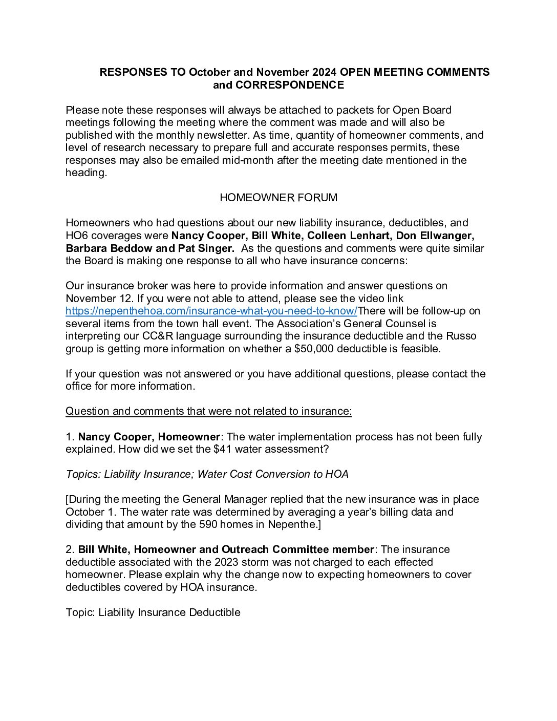 Homeowner Responses – October/November 2024