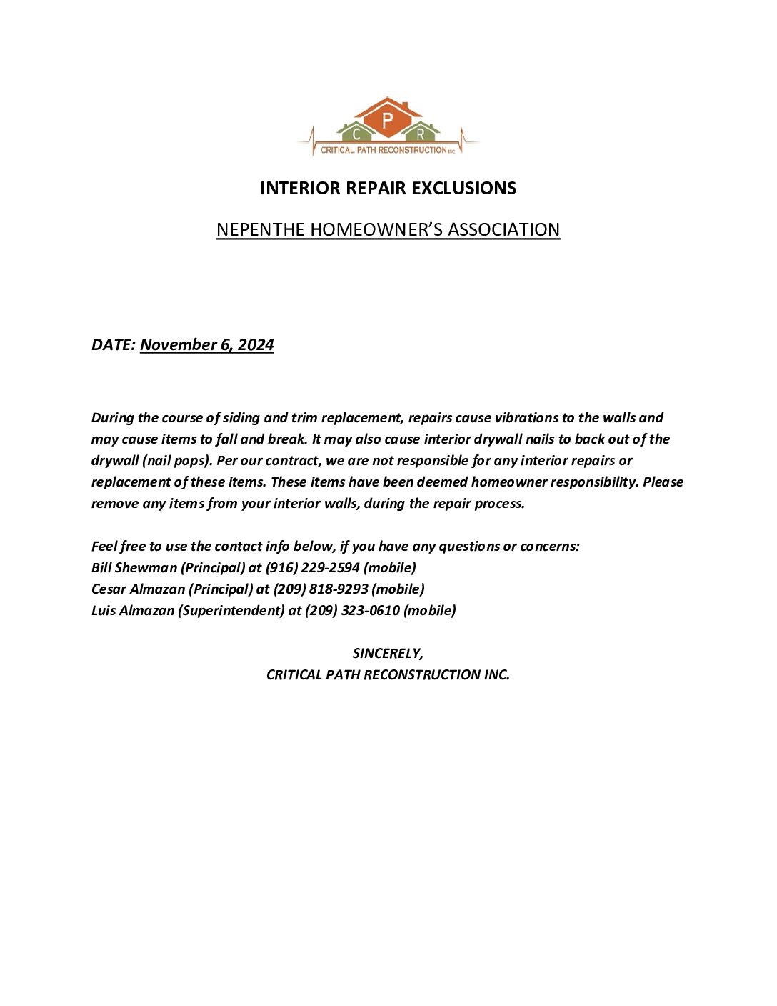 CPR – Interior Repair Exclusion Letter