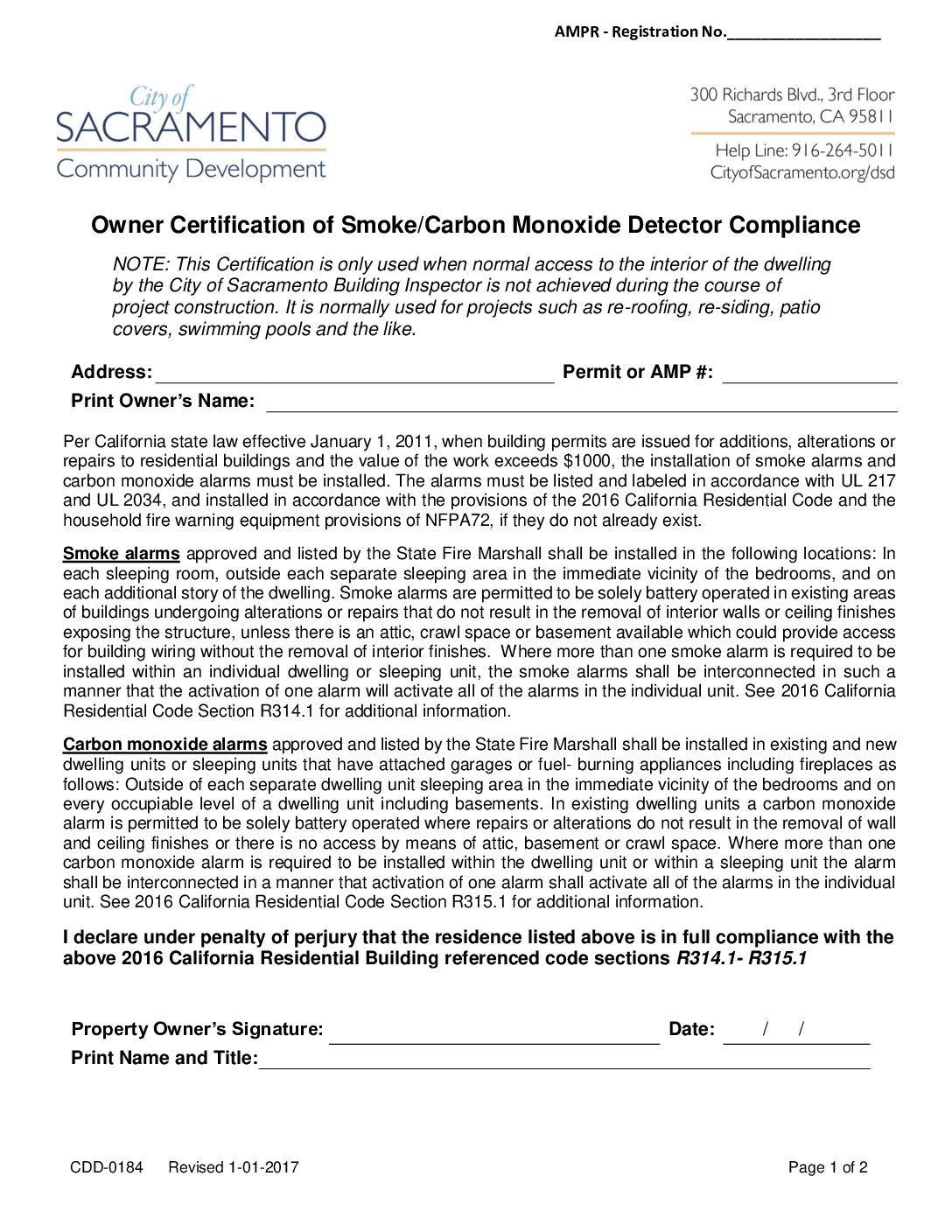 City of Sacramento – Owner Certification Form