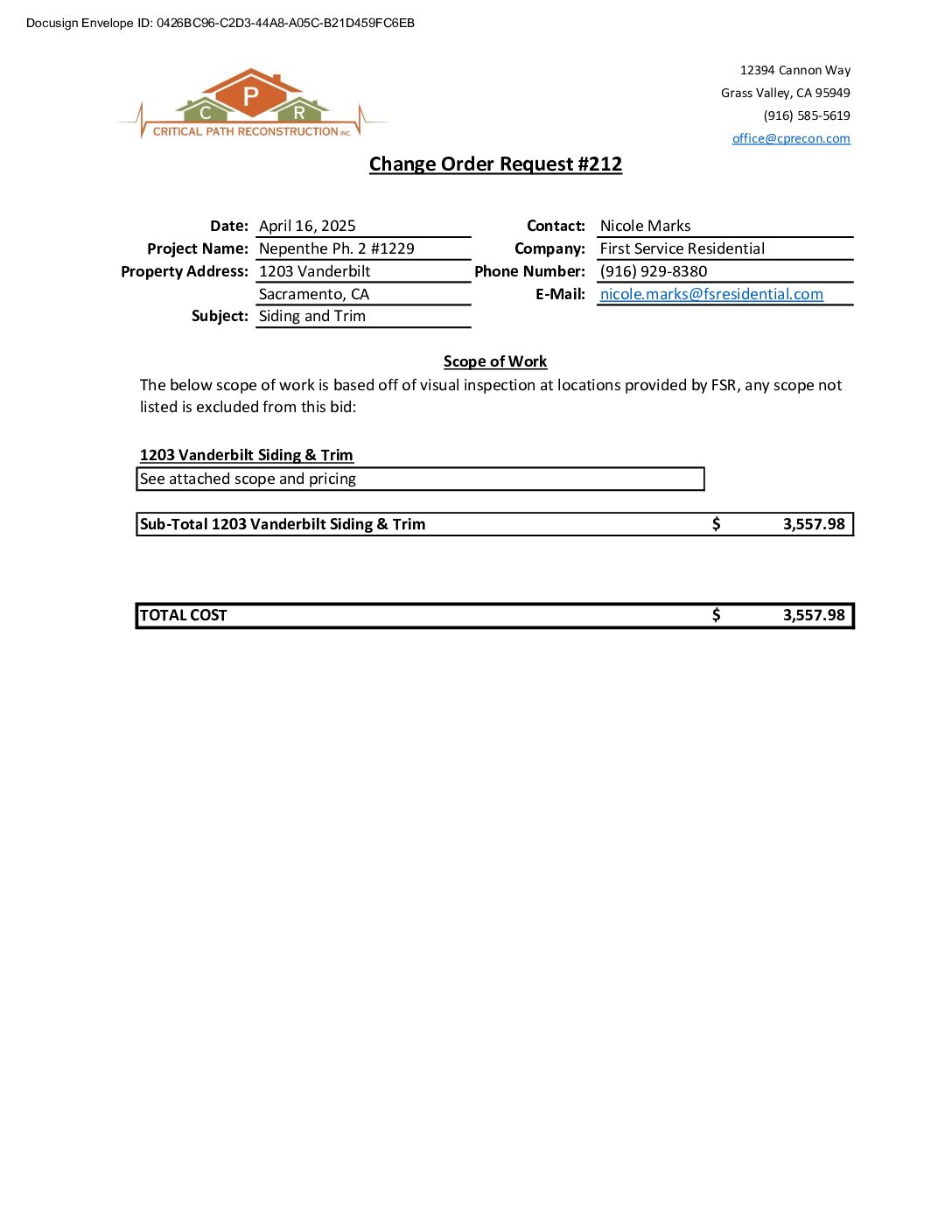 CPR – Phase 2 Change Order – #212