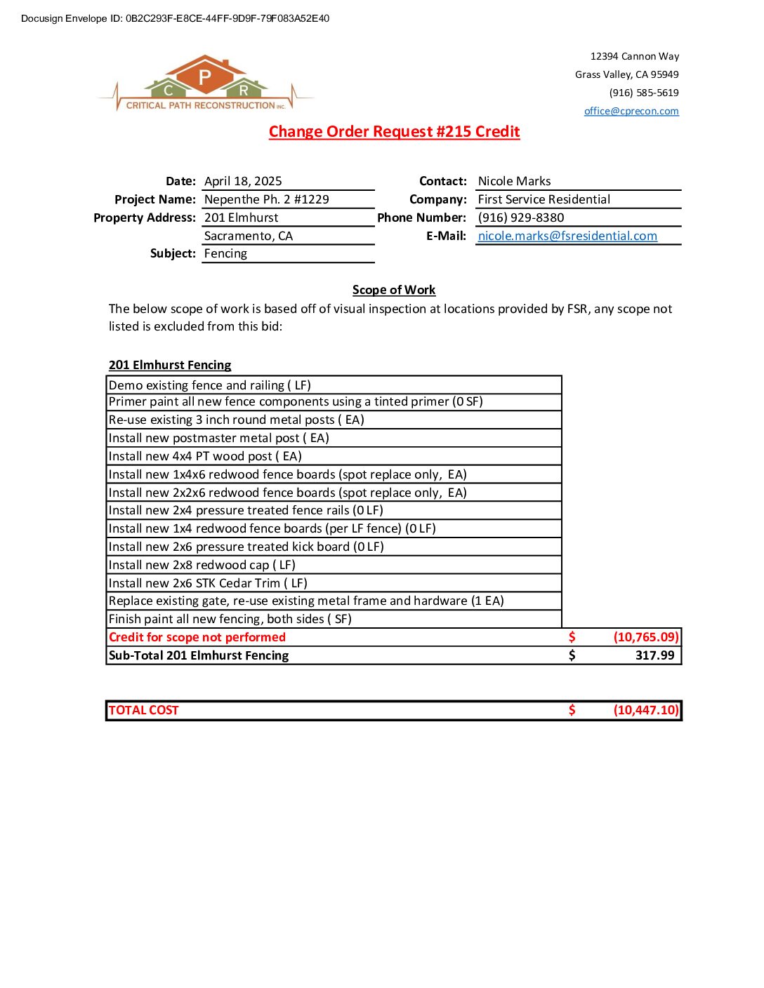 CPR – Phase 2 Change Order – #215