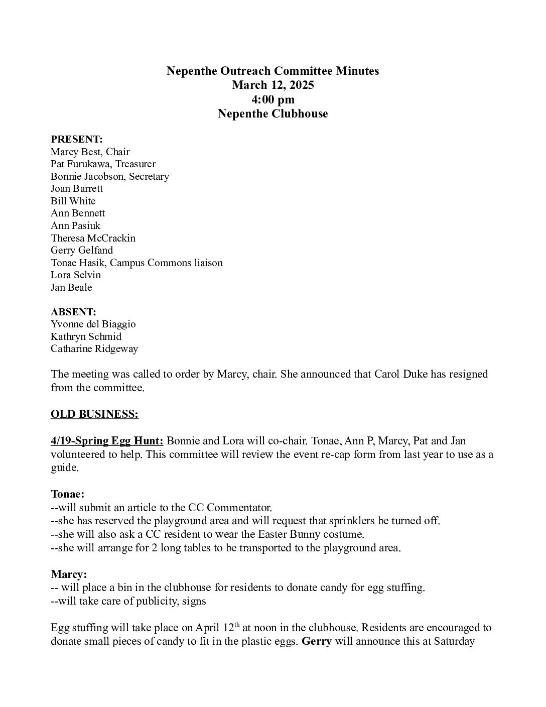 Outreach Committee Minutes – March 2025