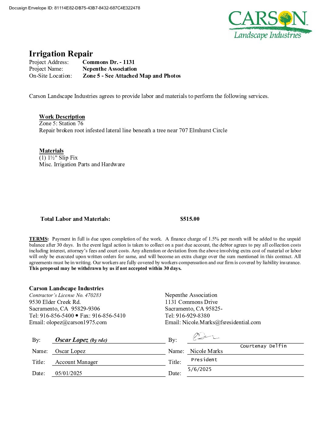 Carson Landscape – Irrigation Repairs – Zone 5, Station 76