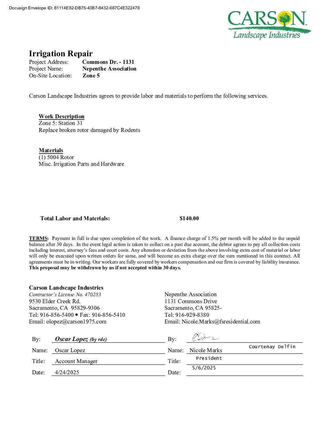 Carson Landscape – Irrigation Repairs – Zone 5, Station 31