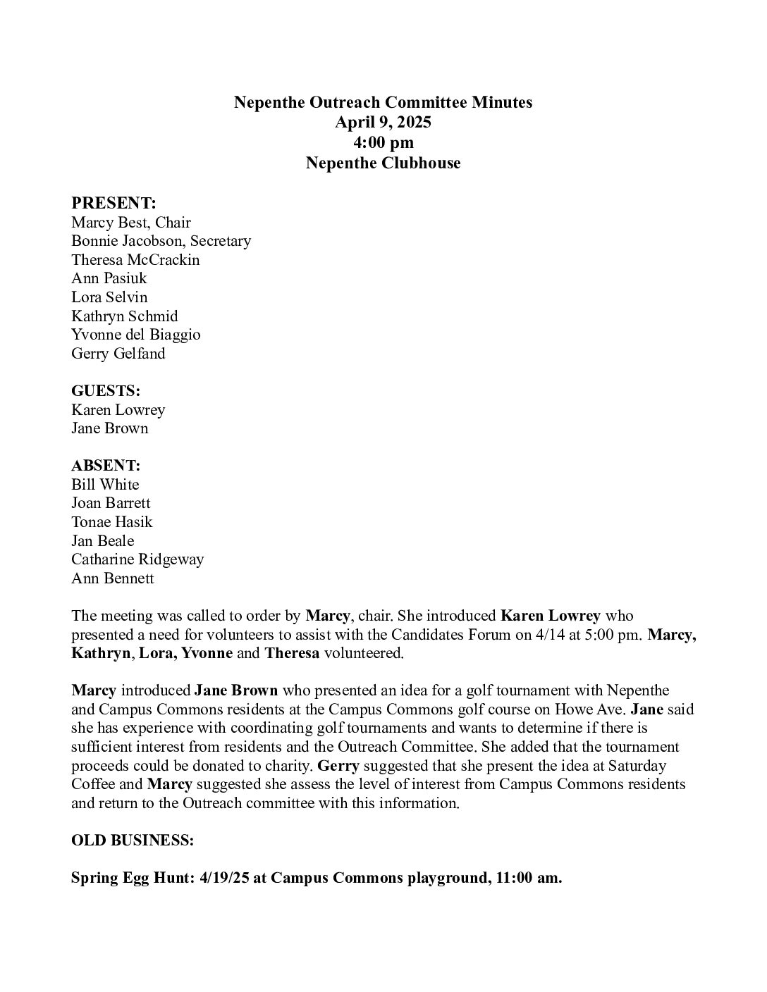 Outreach Committee Minutes – April 2025